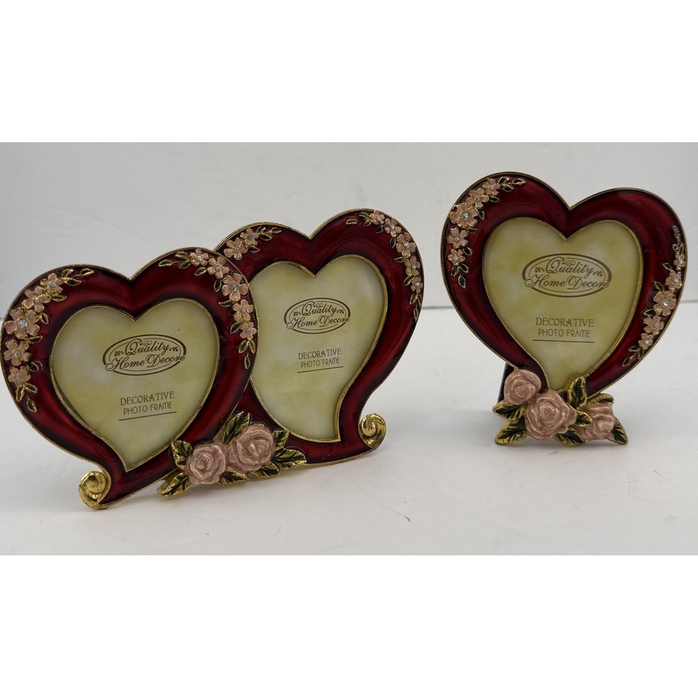 2 Vtg Y2K New Quality Home Decore Picture Photo Frames Enamel Floral Hearts